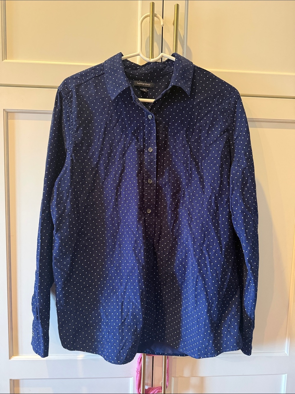 Lands' End women’s  Navy corduroy Shirt with White Polka Dots large